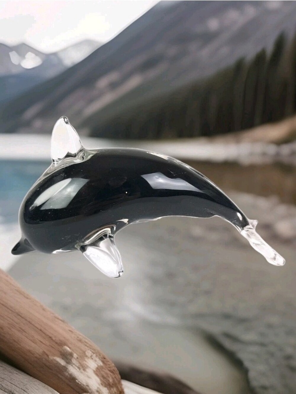 Murano-style Black & White Orca Killer Whale 6" ArtGlassSculpture Paper Weight